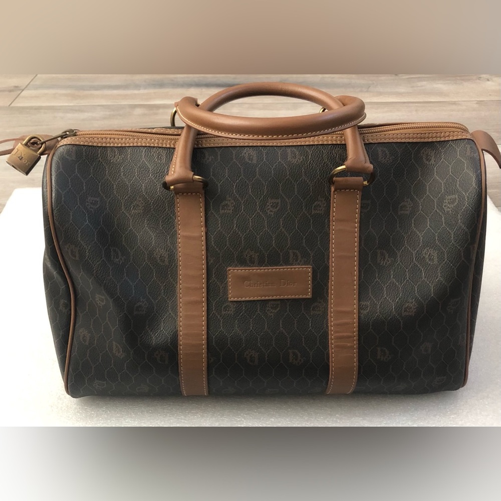 Vintage Christian Dior Black X Brown Monogram Honeycomb Boston Duffle Travel